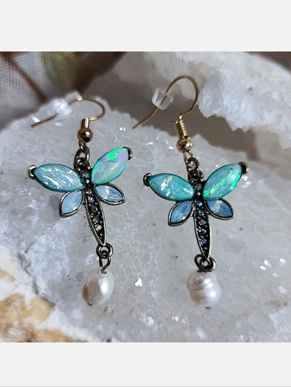 Opalescent Dragonfly Pierced Earrings NEW on Card Cultured Pearls Delicate